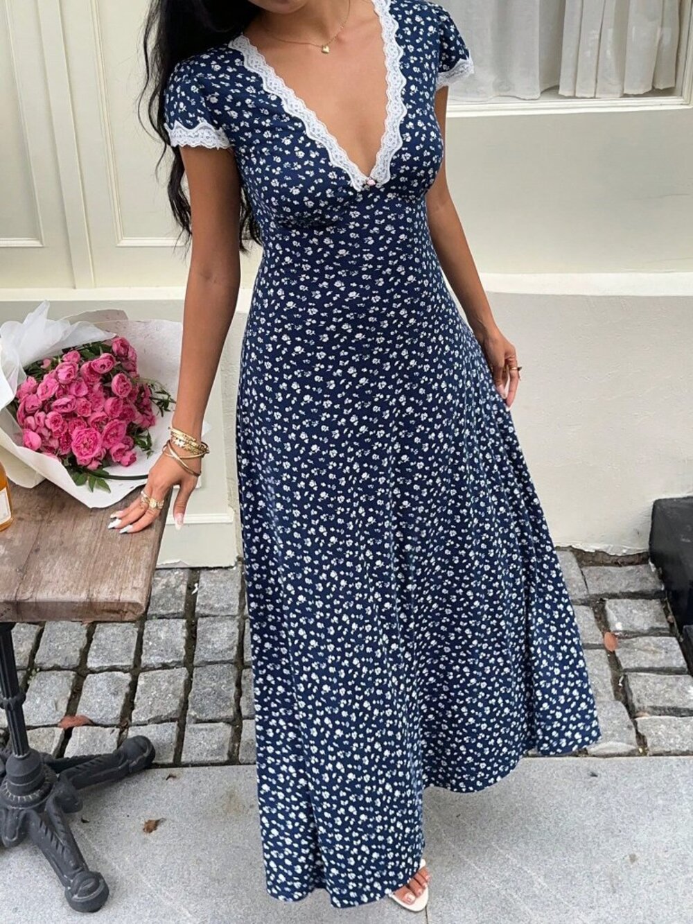 Blue Boho Elegant Women's Floral Ditsy Patchwork Lace Maxi Dress - Picture 3 of 8